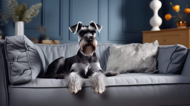Modern living room interior. Cute Schnauzer on couch. Generative AI.