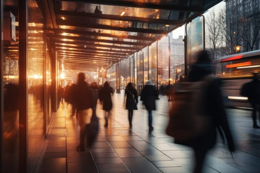 Motion blur of people commuting in busy street. Generative AI.