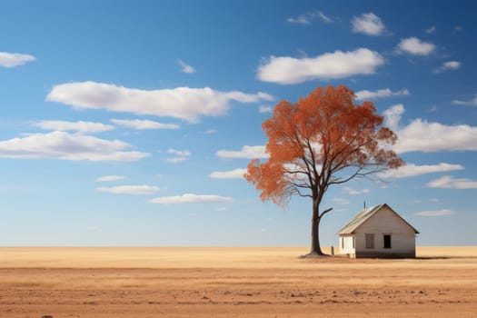 Minimalist landscape with alone tree and house. Generative AI.