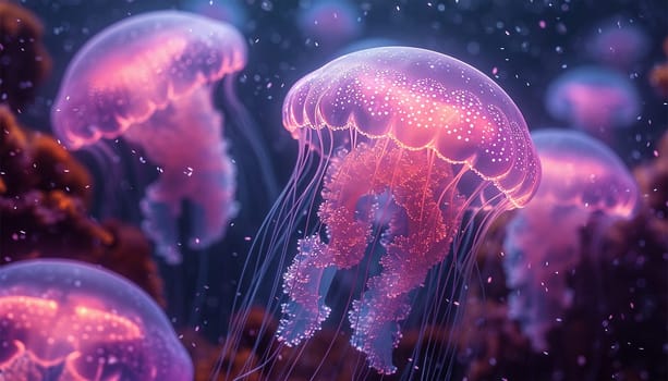 Jellyfish floating in magical ocean. Beautiful cosmic neon purple sea. collection of animals. 3d animation of a seamless loop. Underwater world glowing fish in the water. Marine life. Pink,blue and purple beauty