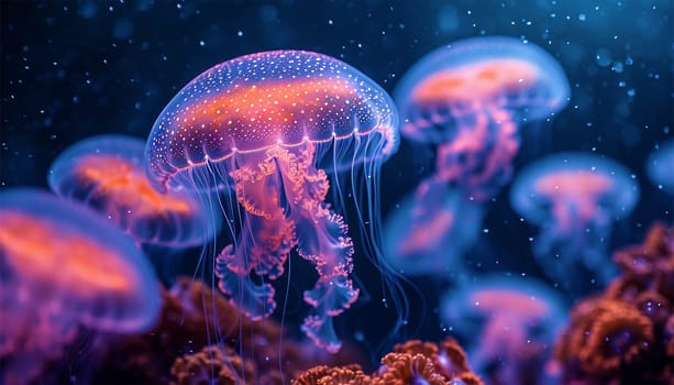Jellyfish floating in magical ocean. Beautiful cosmic neon purple sea. collection of animals. 3d animation of a seamless loop. Underwater world glowing fish in the water. Marine life. Pink,blue and purple beauty