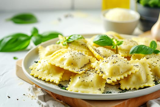 Ravioli with ricotta and spinach on a platter on a light wood countertop, close-up.