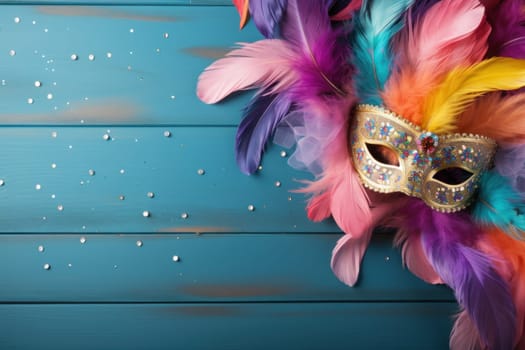 Stll life of a vintage carnival mask on a wood floor. Generative AI.