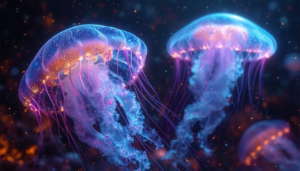 Jellyfish floating in magical ocean. Beautiful cosmic neon purple sea. collection of animals. 3d animation of a seamless loop. Underwater world glowing fish in the water. Marine life. Pink,blue and purple beauty