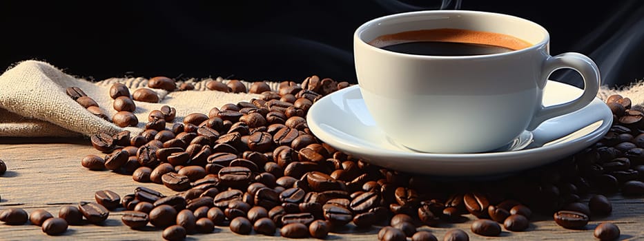 Cup of hot coffee on a wooden table. selective focus. drink Generative AI,