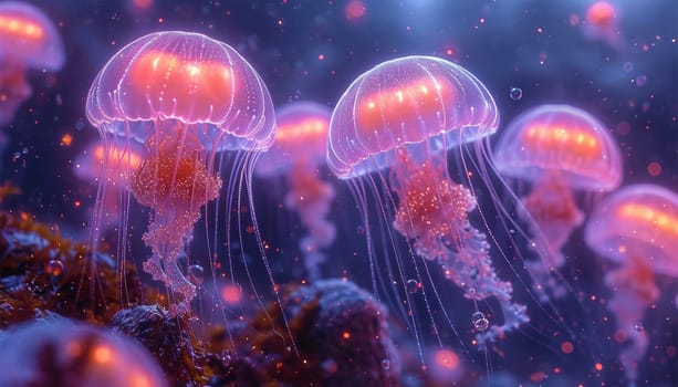 Jellyfish floating in magical ocean. Beautiful cosmic neon purple sea. collection of animals. 3d animation of a seamless loop. Underwater world glowing fish in the water. Marine life. Pink,blue and purple beauty