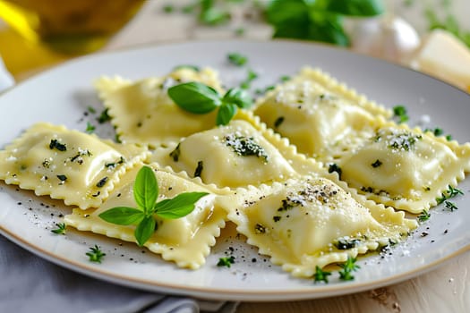 Ravioli with ricotta and spinach on a platter on a light wood countertop, close-up.