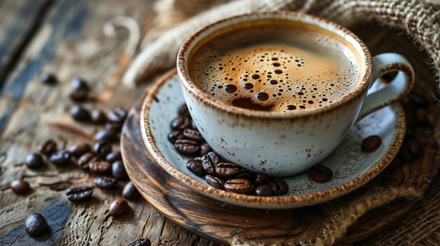 Cup of hot coffee on a wooden table. selective focus. drink Generative AI,