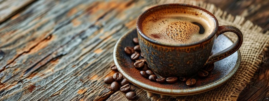 Cup of hot coffee on a wooden table. selective focus. drink Generative AI,