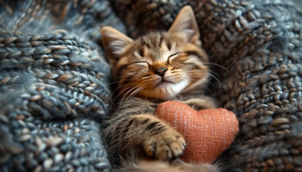 Cute tabby kitten sleeping on red heart pillow. Little kitten sleeping on the red heart-shaped pillow. Cozy blanket. Happy Valentines Day,pets, Animal