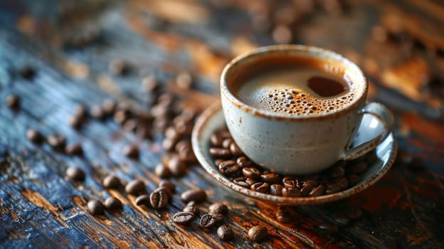 Cup of hot coffee on a wooden table. selective focus. drink Generative AI,