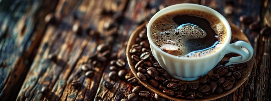 Cup of hot coffee on a wooden table. selective focus. drink Generative AI,