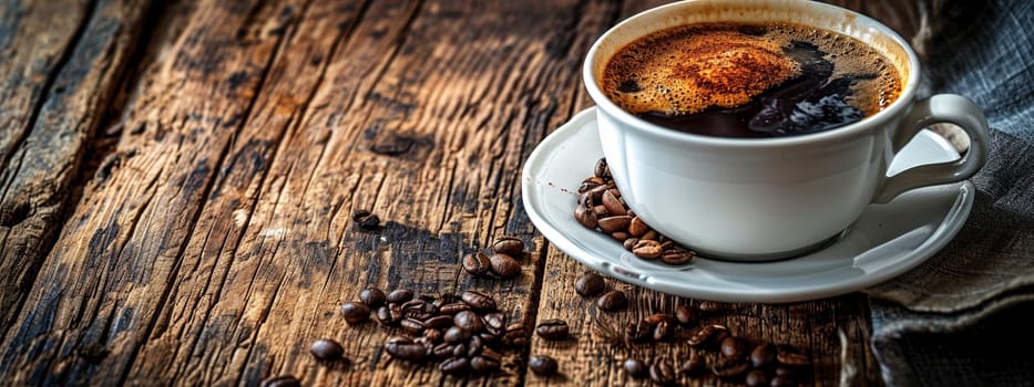 Cup of hot coffee on a wooden table. selective focus. drink Generative AI,