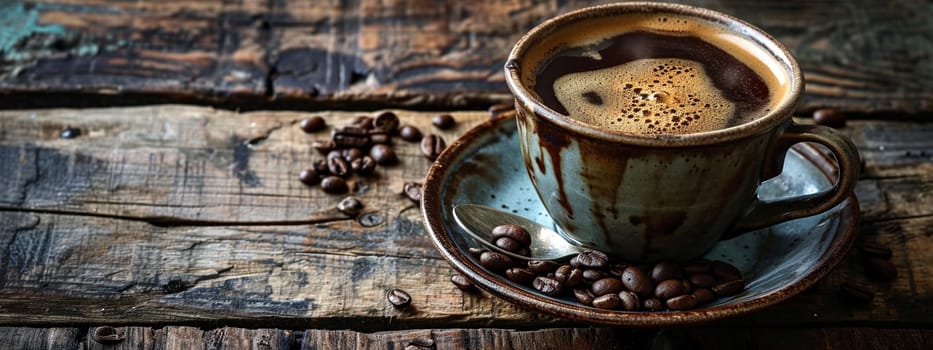 Cup of hot coffee on a wooden table. selective focus. drink Generative AI,