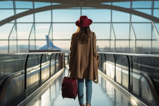 Waiting for Departure: A Beautiful Asian Woman with Suitcase Standing at the Modern Airport Terminal.