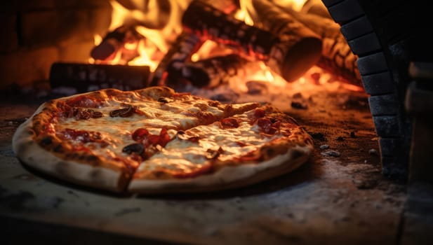 Blazing Brick Oven: A Delightful Italian Pizza Bursting with Mouthwatering Flavors, Sizzling in a Traditional Wood-Fired Inferno"