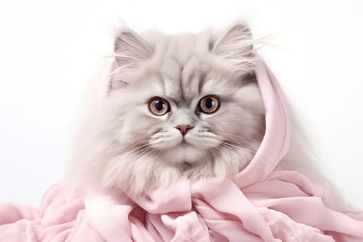 Cute Domestic Cats: Beautiful Feline Kittens with Fluffy Fur and Playful Blue Eyes, Adorable White Purebred Breeds on a Pretty Grey Background