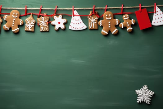 Christmas Banner with some presents, gingerbread man cookies on green background. Generative AI.
