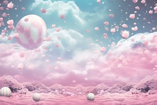 Celestial Dreamscape: A Whimsical Sky Illustration with Blue Clouds, Pink Stars, and a Happy Moon