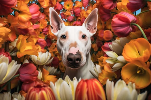 Adorable young dog with a cute, funny, and happy expression, surrounded by blooming yellow tulips in a beautiful spring garden.