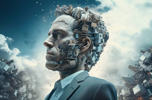 Abstract Futuristic Man with a Digital Mask: The Surreal Connection of Artificial Intelligence and Human Mind