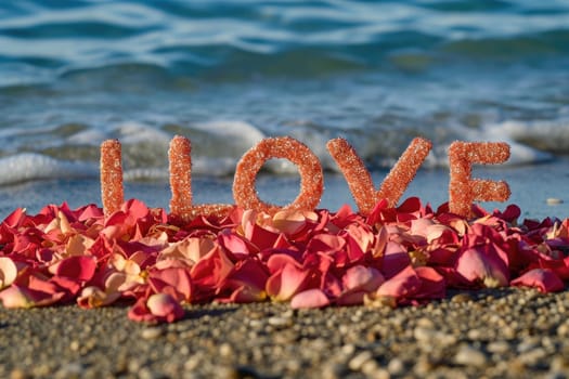 romantic beach of love rose petals on the coastline wide view pragma