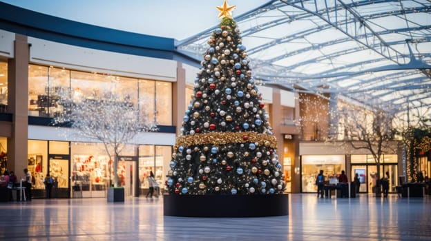 A giant Christmas tree in the middle of a shopping mall . Generative AI.