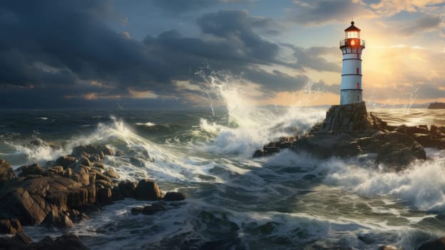 A coastal lighthouse standing tall amidst stormy weather and crashing waves. Generative AI.