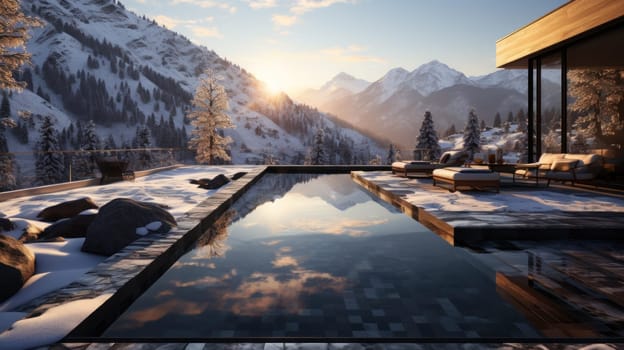A concrete swimming pool in the mountain under the snow, sunrise. Generative AI.