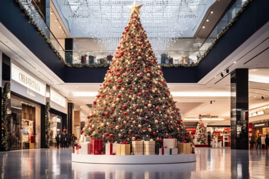 A giant Christmas tree in the middle of a shopping mall . Generative AI.