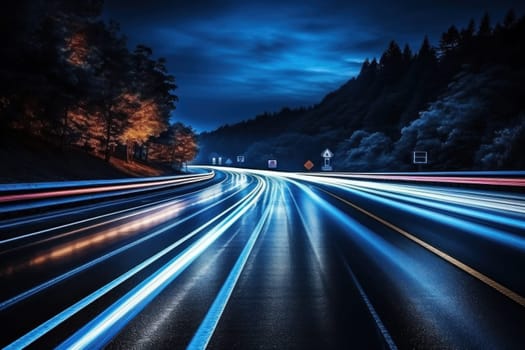 Cars light trails at night in a curve asphalt road at night. Generative AI.