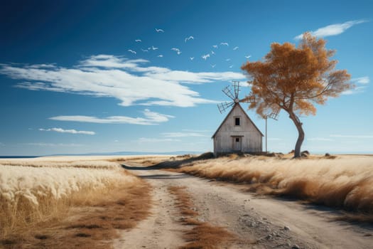 Minimalist landscape with alone tree and house. Generative AI.