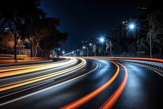 Cars light trails at night in a curve asphalt road at night. Generative AI.