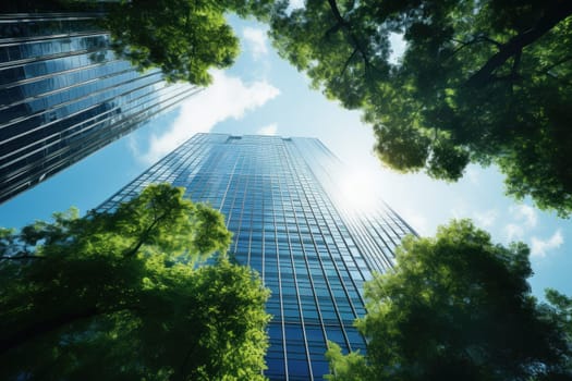 A towering skyscraper seen from a worm's-eye view, green tree, skylight exposure. Generative AI.