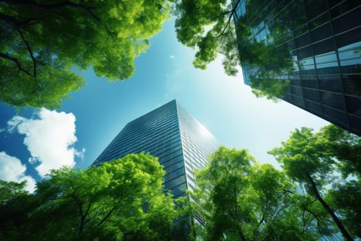 A towering skyscraper seen from a worm's-eye view, green tree, skylight exposure. Generative AI.