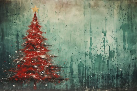 Red Christmas. Grunge green Christmas tree background. Generative AI.