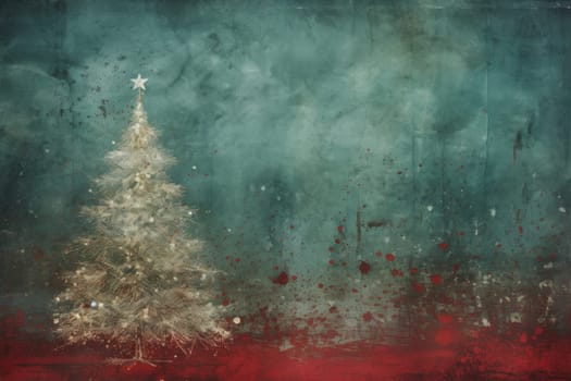 Red Christmas. Grunge green Christmas tree background. Generative AI.