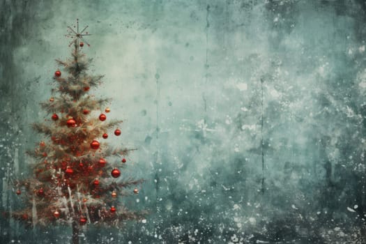 Red Christmas. Grunge green Christmas tree background. Generative AI.