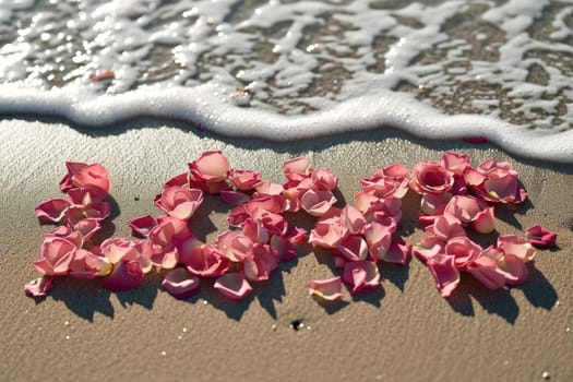 romantic beach of love rose petals on the coastline wide view pragma