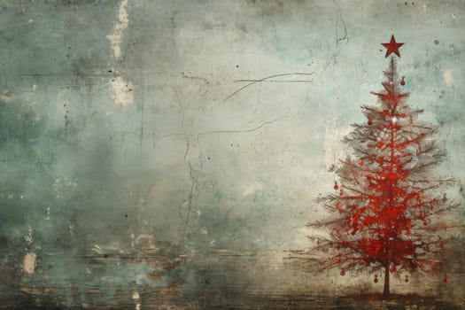 Red Christmas. Grunge green Christmas tree background. Generative AI.