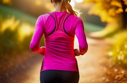 A young girl in a pink tracksuit runs along a path in the park. Morning jog. Close-up, view from the back.