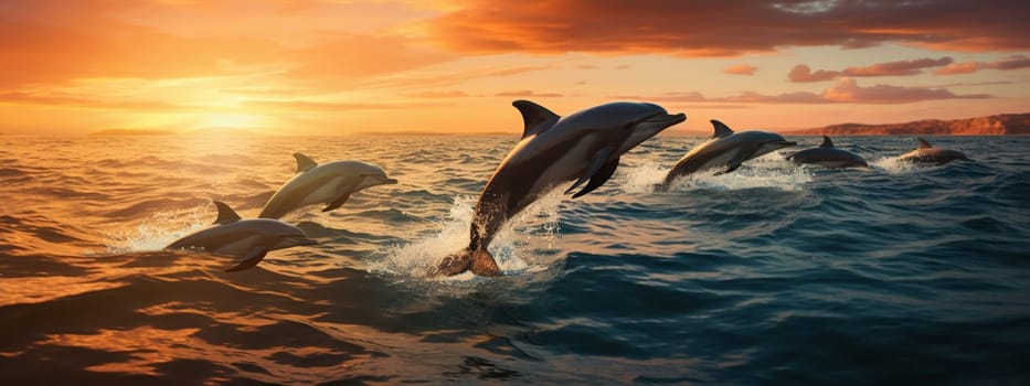 Beautiful dolphins jump out of the sea. selective focus. animals Generative AI,