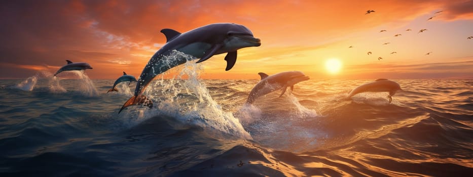 Beautiful dolphins jump out of the sea. selective focus. animals Generative AI,