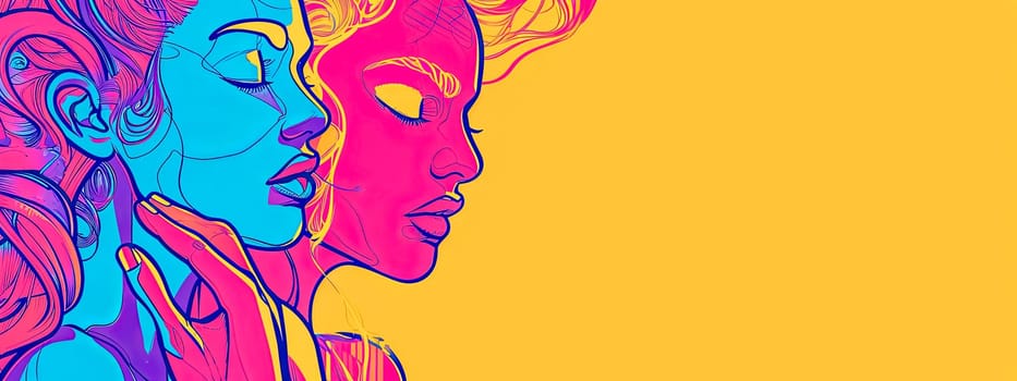 pop art-style illustration featuring side profiles of two women in bold colors against a bright yellow background, showcasing a modern and artistic design. copy space