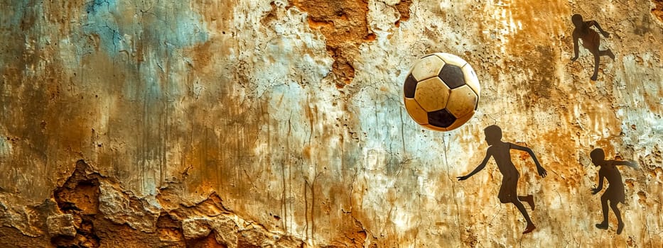 soccer play with silhouetted players and a ball against a rustic, aged wall, merging sports with a vintage aesthetic. copy space