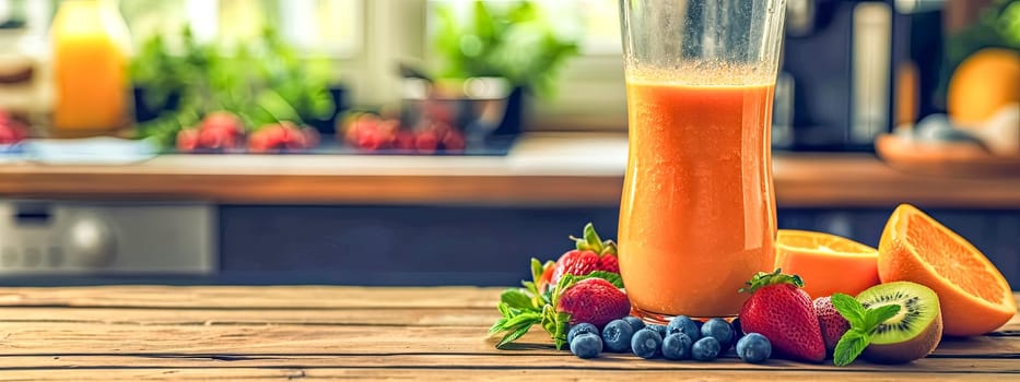 A fresh fruit smoothie in a blender on a wooden countertop, surrounded by an assortment of vibrant fruits, set in a bright, sunny kitchen atmosphere