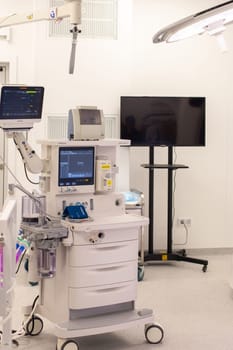 Moscow, Moscow region, Russia - 03.09.2023:Anesthesia workstation with monitoring equipment in a clinical setting.