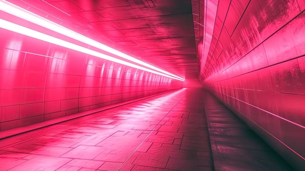 A futuristic tunnel bathed in pink and red neon lights, creating a vibrant and immersive atmosphere that feels both modern and otherworldly