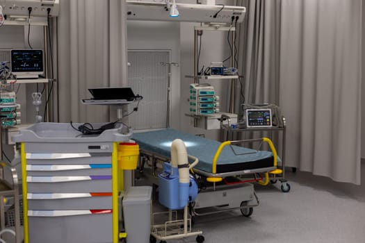 Moscow, Moscow region, Russia - 03.09.2023:Medical patient bed and advanced equipment in a contemporary hospital room.