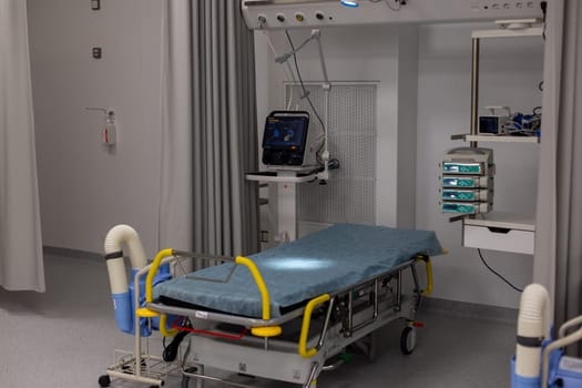 Moscow, Moscow region, Russia - 03.09.2023:Medical patient bed and advanced equipment in a contemporary hospital room.